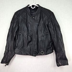 Harley Davidson Women Large Black Leather Jacket Vented Moto Biker Riding Grunge